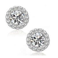 Cubic Zircon (CZ) Stud Earring, Brass, Flat Round, real silver plated, for woman & with cubic zirconia, lead & cadmium free, 8-10mm 