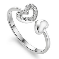 Латунь Манжеты палец кольцо, Сердце, плакированный настоящим серебром, Женский & с кубическим цирконием, не содержит свинец и кадмий, 16-19mm, размер:5.5-6.5, продается PC