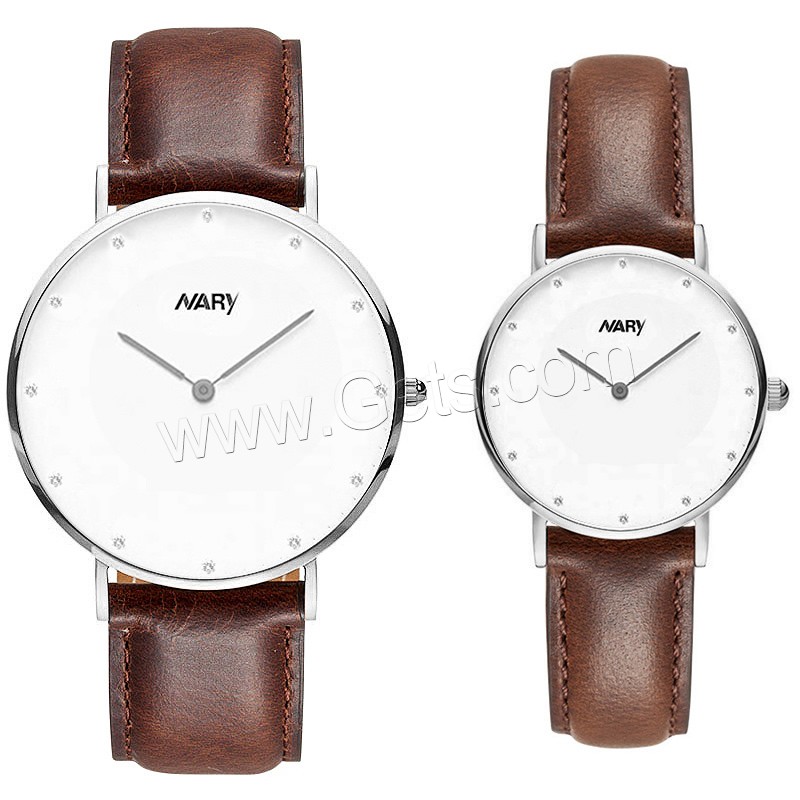 Unisex Wrist Watch, Cowhide, with zinc alloy dial & Glass & Stainless Steel, plated, adjustable & different size for choice & waterproof & with rhinestone, more colors for choice, Sold By PC