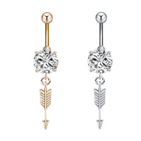 Stainless Steel Belly Ring, with zinc alloy pendant, Arrow, plated, for woman & with cubic zirconia 