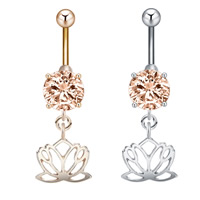 Stainless Steel Belly Ring, with zinc alloy pendant, Lotus, plated, for woman & with cubic zirconia 