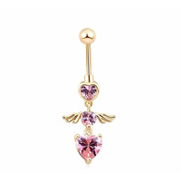 Stainless Steel Belly Ring, Winged Heart, gold color plated, for woman & with cubic zirconia, 10-30mm 