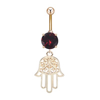 Stainless Steel Belly Ring, with zinc alloy pendant, Hamsa, gold color plated, for woman & with cubic zirconia 