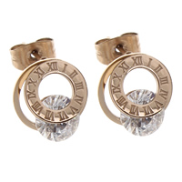 Stainless Steel Rhinestone Stud Earring, gold color plated, with roman number & with rhinestone 