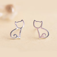 Brass Stud Earring, stainless steel post pin, Cat, real silver plated, with 925 logo, nickel, lead & cadmium free 