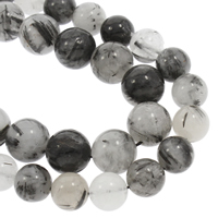 Rutilquarz Perlen, Rutilated Quarz, rund, natürlich, verschiedene Größen vorhanden, schwarz, Bohrung:ca. 1mm, Länge:ca. 15.5 ZollInch, verkauft von Strang