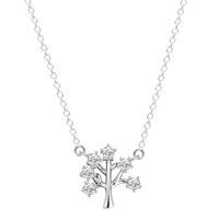 Brass Cubic Zirconia Necklace, Tree, real silver plated, oval chain & for woman & with cubic zirconia, lead & cadmium free Approx 17.5 Inch 