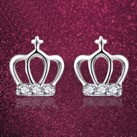 Cubic Zircon Brass Earring, Crown, real silver plated, with cubic zirconia, nickel, lead & cadmium free, 8.4mm 