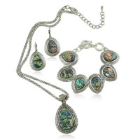 Shell Jewelry Sets, Zinc Alloy, bracelet & earring & necklace, with Abalone Shell, brass earring lever back clip, with 2Inch extender chain, antique silver color plated, lantern chain & for woman, 35mm, 25mm Approx 17.7 Inch, Approx 7.8 Inch 