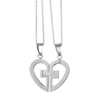 Couple Stainless Steel Necklace, 304 Stainless Steel, with 5cm extender chain, Heart, oval chain & with letter pattern & for couple & with rhinestone, original color, 25mm Approx 17.5 Inch 
