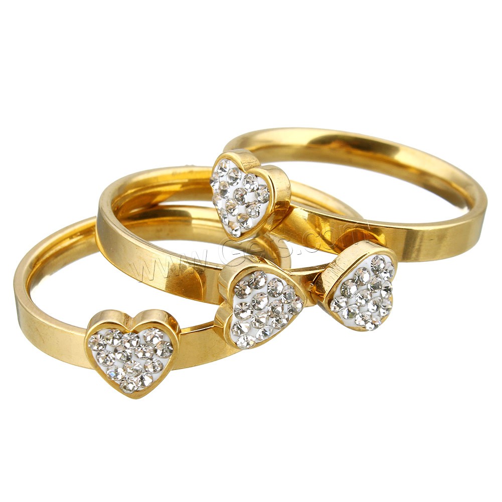 Stainless Steel Ring Set, with Rhinestone Clay Pave, Heart, gold color plated, different size for choice & for woman, 14.5mm, Sold By PC