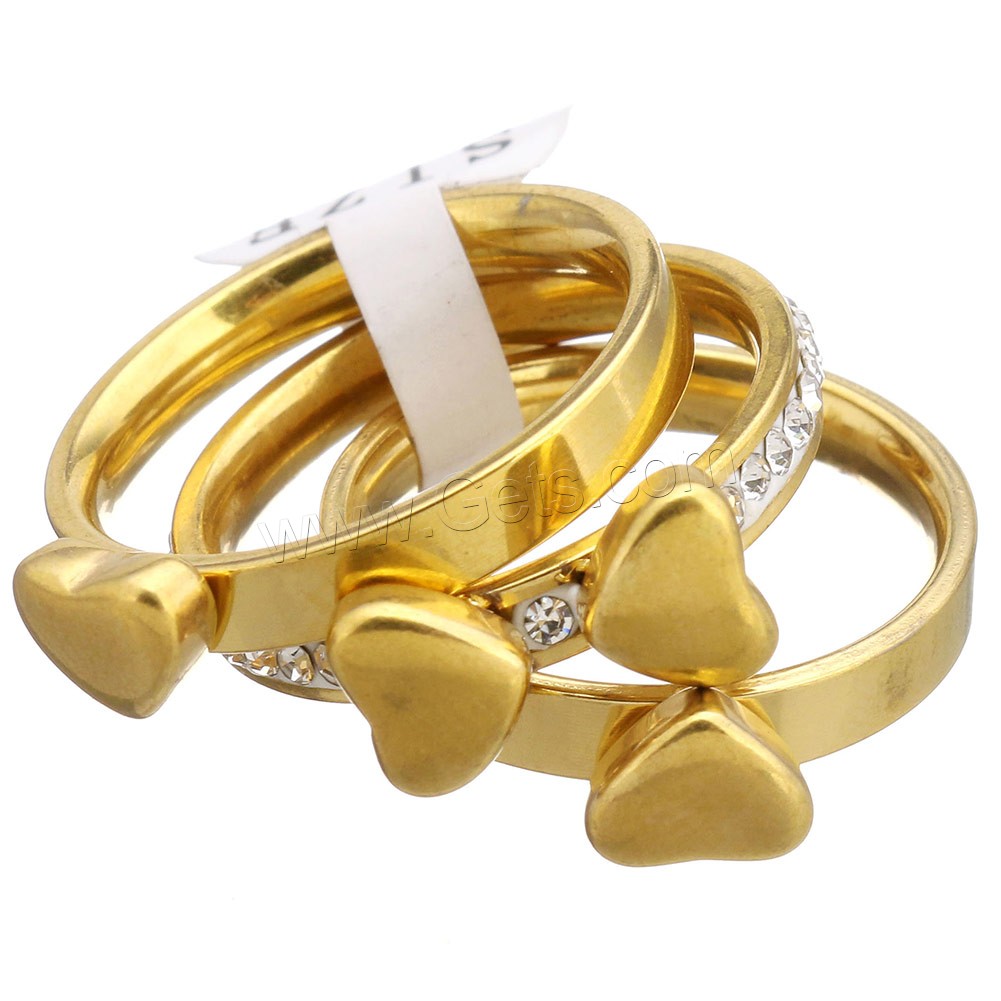 Stainless Steel Ring Set, with Rhinestone Clay Pave, Heart, gold color plated, different size for choice & for woman, 12mm, Sold By PC