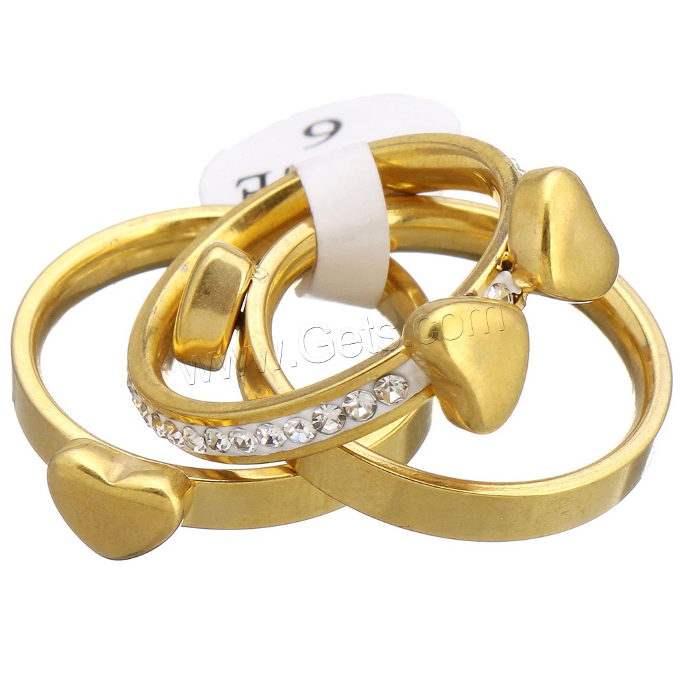 Stainless Steel Ring Set, with Rhinestone Clay Pave, Heart, gold color plated, different size for choice & for woman, 12mm, Sold By PC