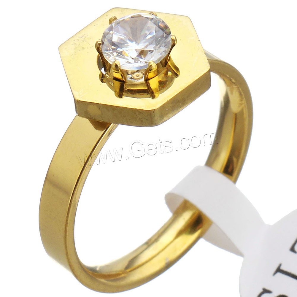 Stainless Steel Finger Ring, Hexagon, gold color plated, different size for choice & for woman & with rhinestone, 11mm, Sold By PC