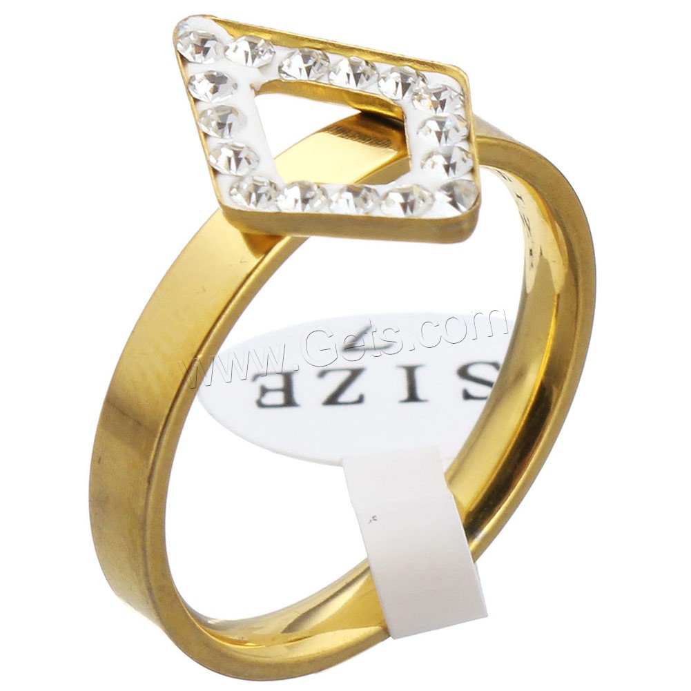 acero inoxidable anillo, con Arcilla analiar de diamantes de imitación AB, Rombo, chapado en color dorado, diverso tamaño para la opción & para mujer, 10x14mm, Vendido por UD