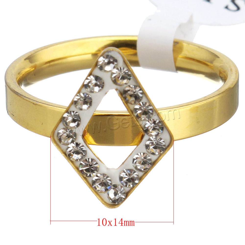 Stainless Steel Finger Ring, with Rhinestone Clay Pave, Rhombus, gold color plated, different size for choice & for woman, 10x14mm, Sold By PC