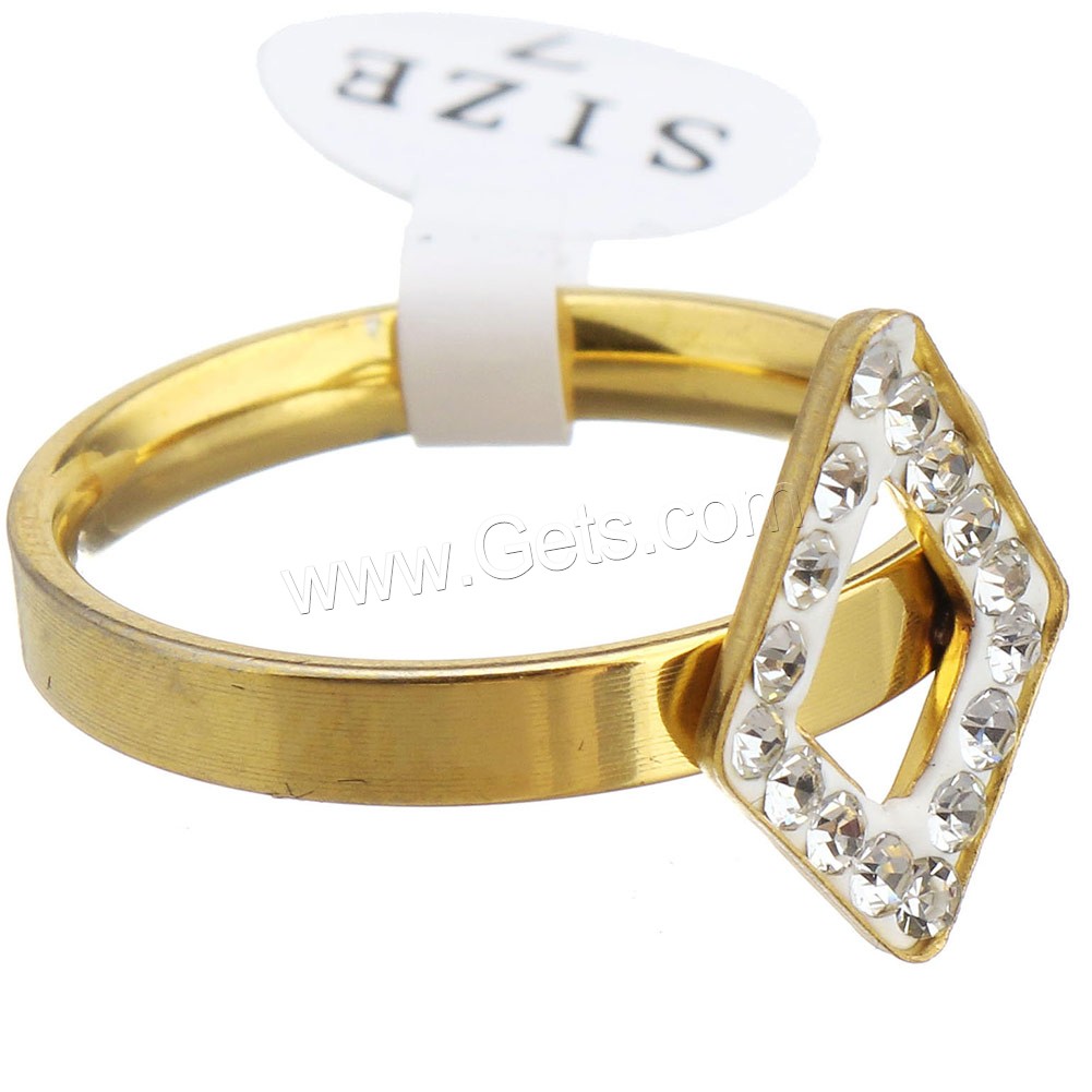 Stainless Steel Finger Ring, with Rhinestone Clay Pave, Rhombus, gold color plated, different size for choice & for woman, 10x14mm, Sold By PC
