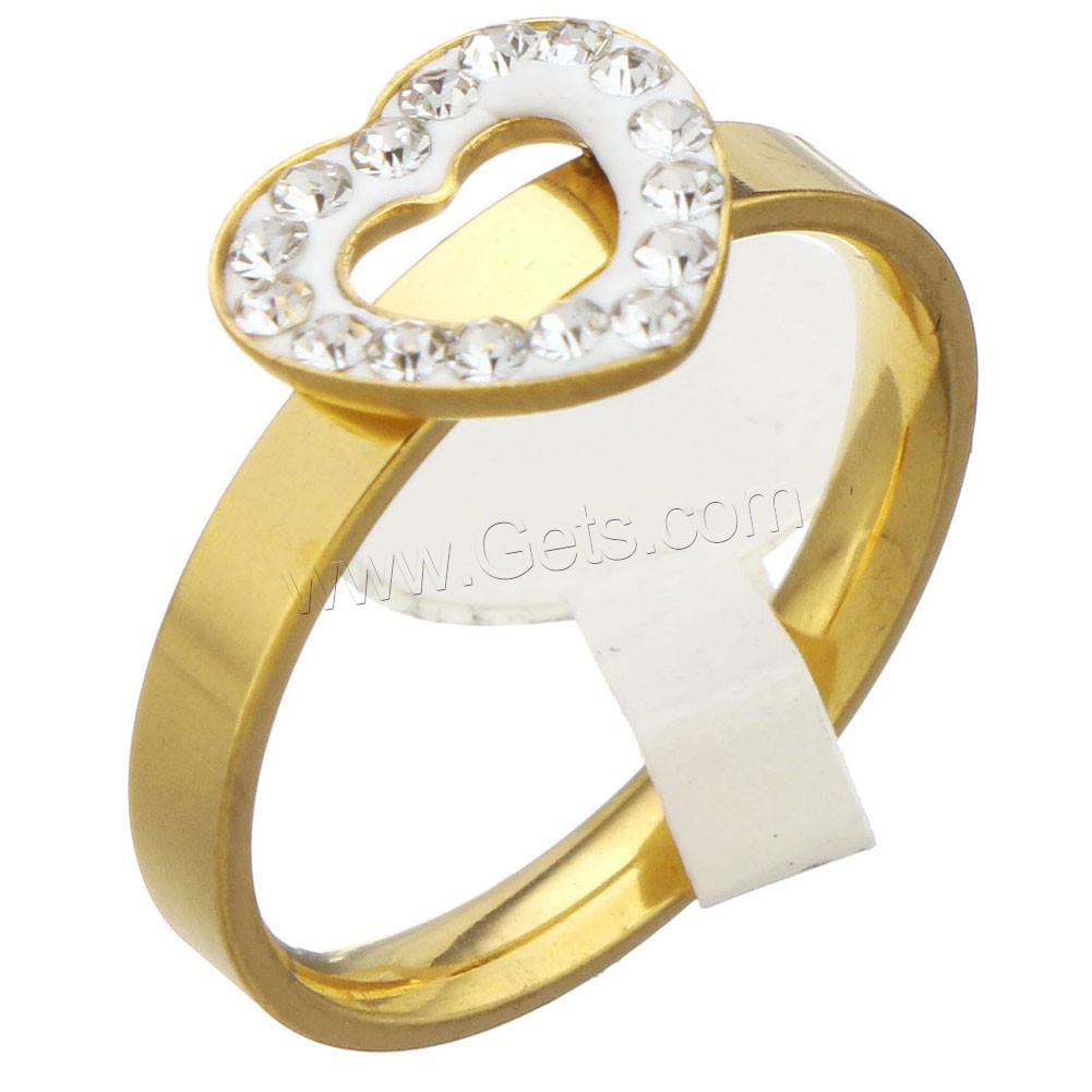 Stainless Steel Finger Ring, with Rhinestone Clay Pave, Heart, gold color plated, different size for choice & for woman, 11x10mm, Sold By PC