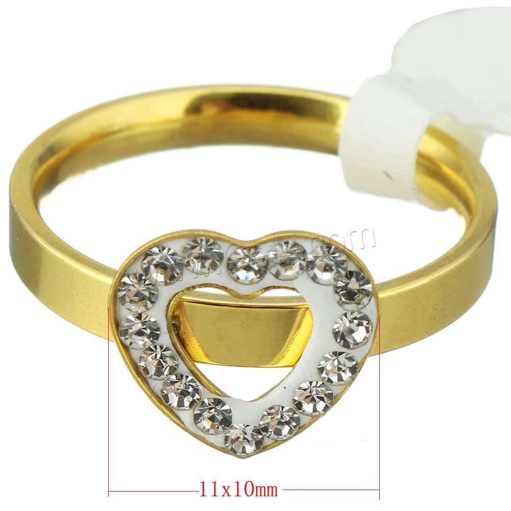Stainless Steel Finger Ring, with Rhinestone Clay Pave, Heart, gold color plated, different size for choice & for woman, 11x10mm, Sold By PC