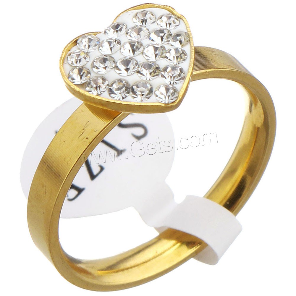 Rhinestone Stainless Steel Finger Ring, with Rhinestone Clay Pave, Heart, gold color plated, different size for choice & for woman, 10x9mm, Sold By PC