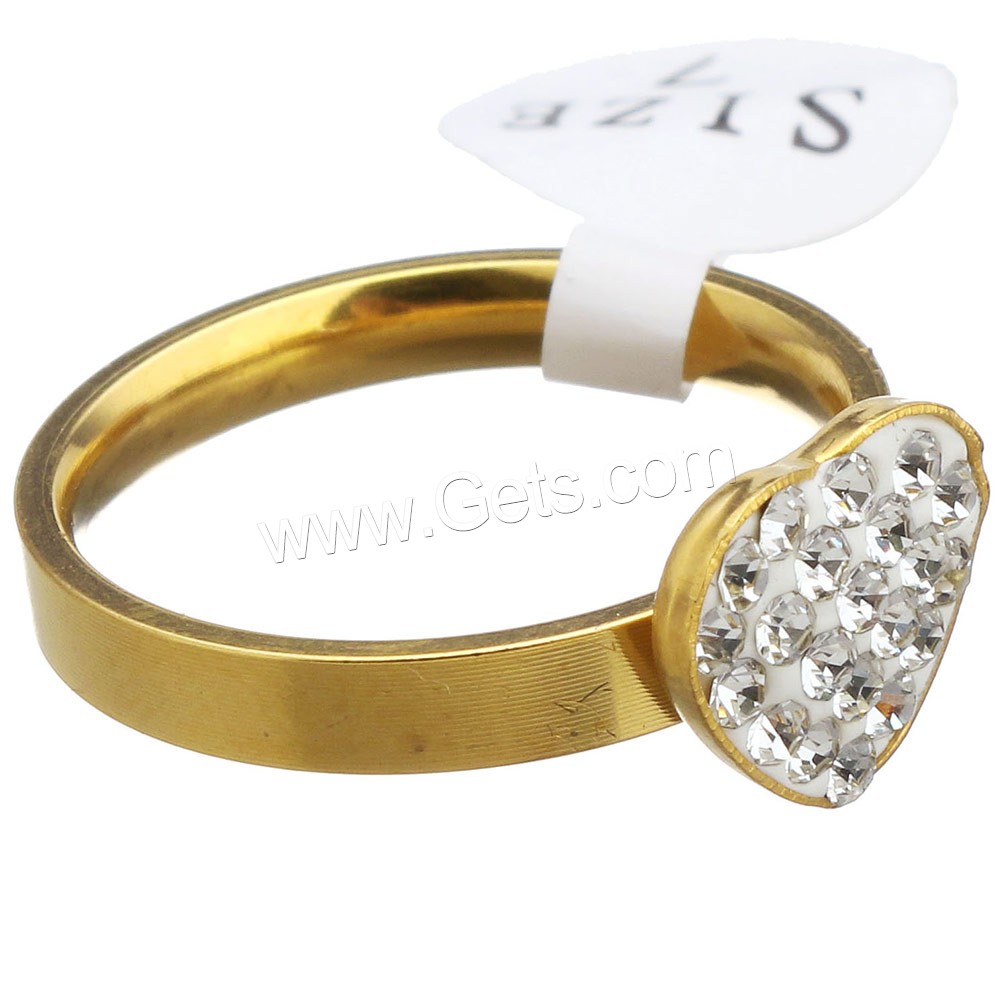 Нержавеющая сталь Rhinestone палец кольцо, нержавеющая сталь, с клей, Сердце, плакирован золотом, разный размер для выбора & Женский, 10x9mm, продается PC