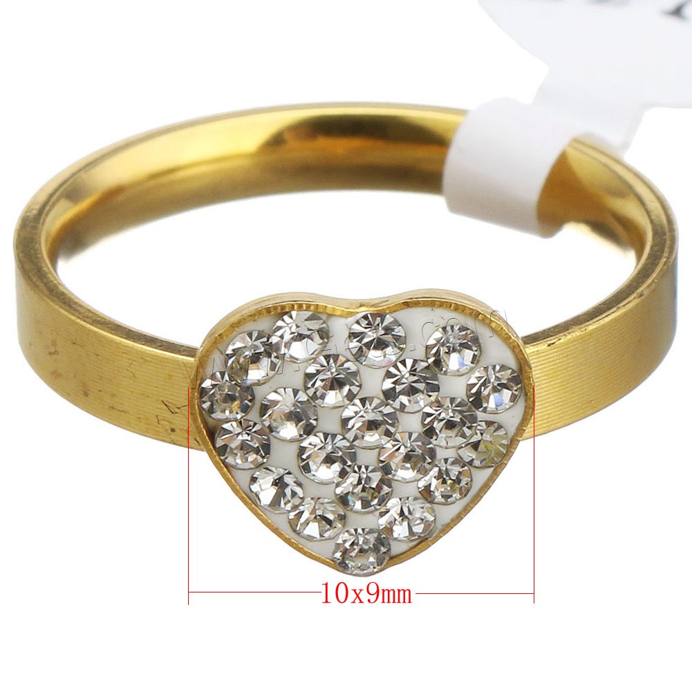Rhinestone Stainless Steel Finger Ring, with Rhinestone Clay Pave, Heart, gold color plated, different size for choice & for woman, 10x9mm, Sold By PC