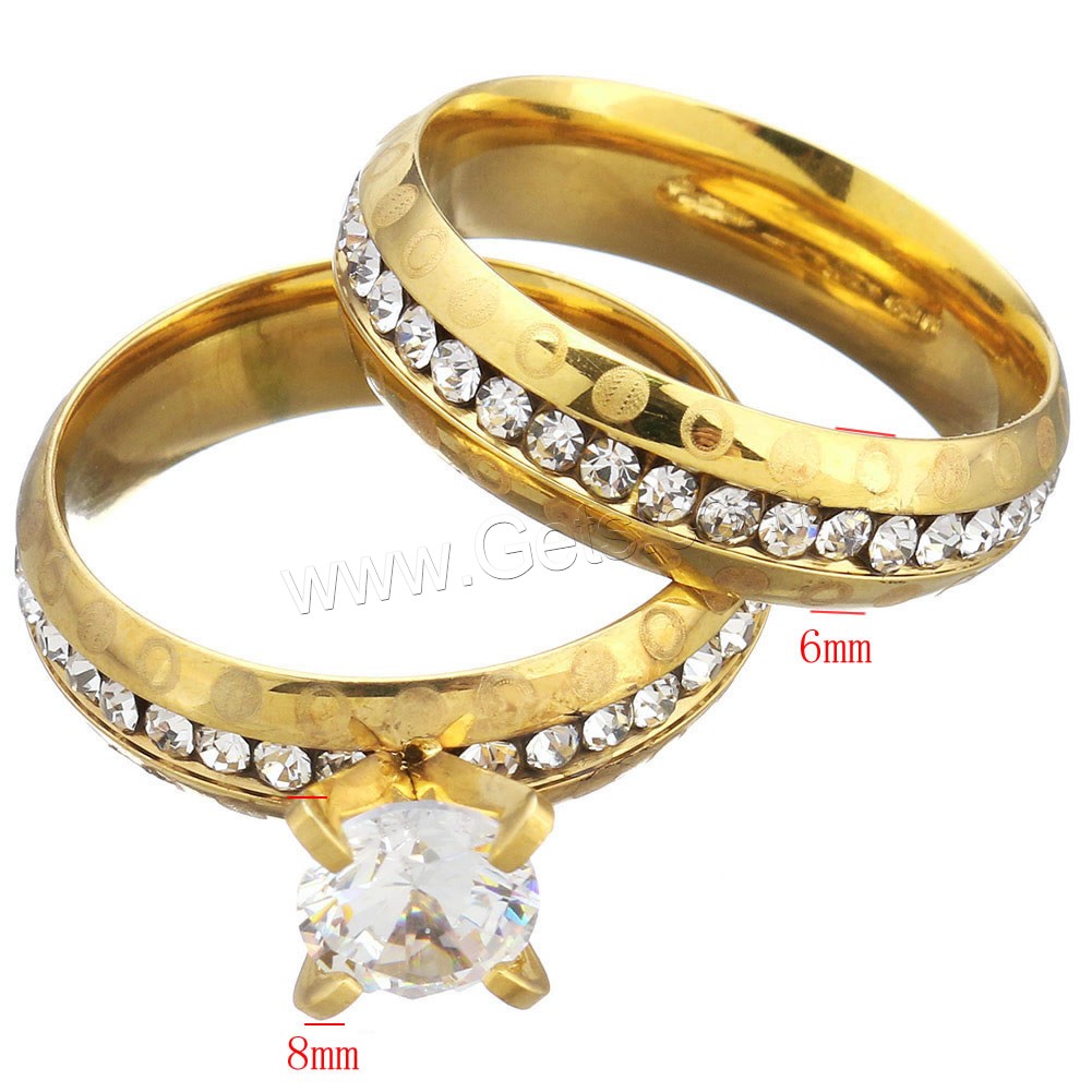 Stainless Steel Ring Set, gold color plated, different size for choice & for woman & with rhinestone, 8mm, 6mm, Sold By PC