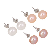 Freshwater Pearl Stud Earring, 925 Sterling Silver, with Freshwater Pearl, real silver plated, natural 9-9.5mm 