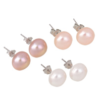 Freshwater Pearl Stud Earring, 925 Sterling Silver, with Freshwater Pearl, real silver plated, natural 10-10.5mm 