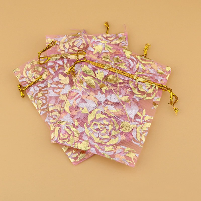 オーガンザ ギフト バッグ, 長方形, 花のパターンを持つ & ゴールドアクセント, 無色, 200x300mm, 売り手 パソコン