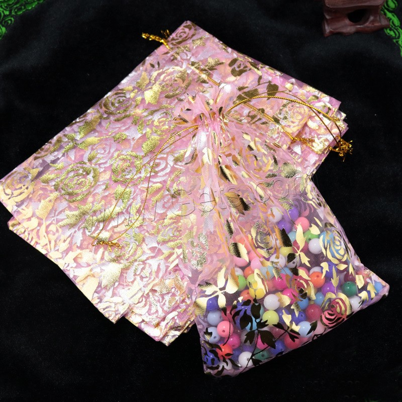 Organza Jewelry Pouches Bags, Rectangle, with flower pattern & gold accent, more colors for choice, 200x300mm, Sold By PC