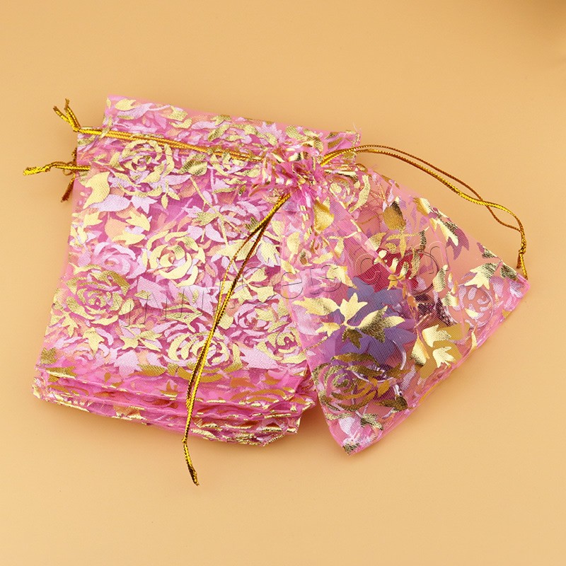 Organza Jewelry Pouches Bags, Rectangle, with flower pattern & gold accent, more colors for choice, 200x300mm, Sold By PC