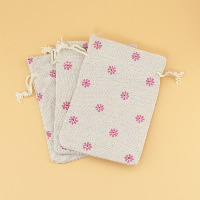 Cotton Jewelry Pouches Bags, Cotton Fabric, with Nylon Cord, Rectangle, with flower pattern 