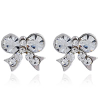 Zinc Alloy Rhinestone Stud Earring, stainless steel post pin, Bowknot, platinum color plated, for woman & with rhinestone, lead & cadmium free 