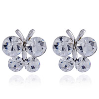 Zinc Alloy Rhinestone Stud Earring, stainless steel post pin, Butterfly, silver color plated, for woman & with rhinestone, lead & cadmium free 