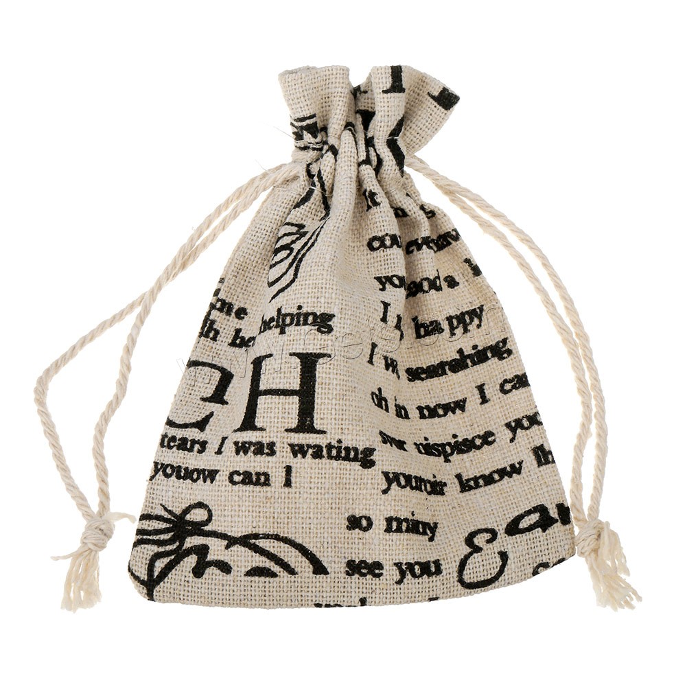 Cotton Fabric Drawstring Pouches, with Linen, Rectangle, different size for choice & with letter pattern, 100PCs/Bag, Sold By Bag