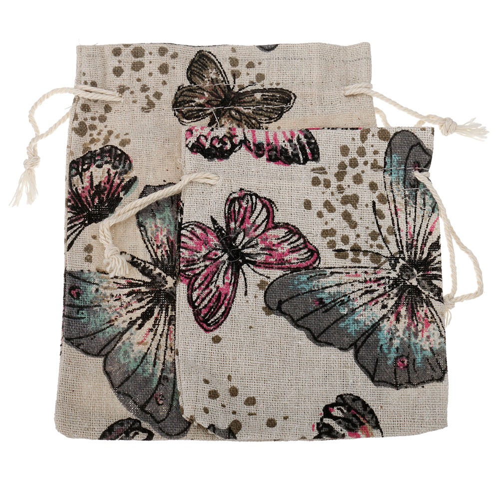 Cotton Fabric Drawstring Pouches, with Linen, Rectangle, with butterfly pattern & different size for choice, 100PCs/Bag, Sold By Bag