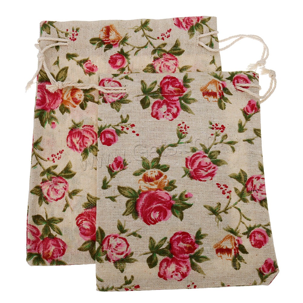 Cotton Fabric Drawstring Pouches, with Linen, Rectangle, different size for choice & with flower pattern, 100PCs/Bag, Sold By Bag