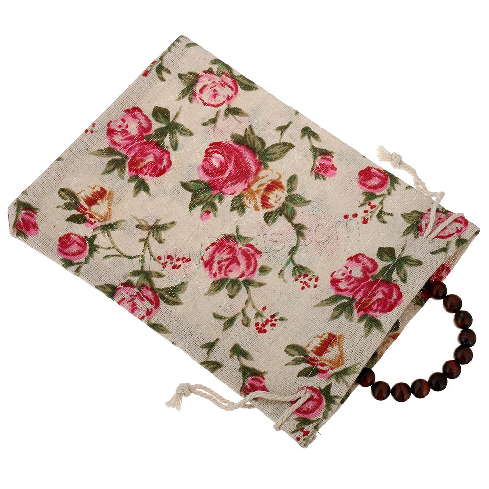 Cotton Fabric Drawstring Pouches, with Linen, Rectangle, different size for choice & with flower pattern, 100PCs/Bag, Sold By Bag