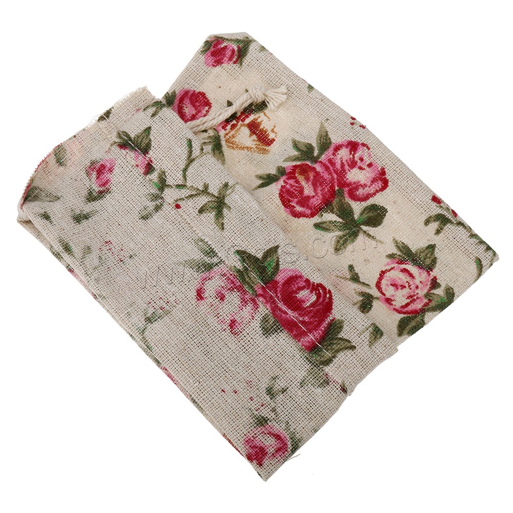 Tissu en coton sac de cordon, avec Chanvre, rectangle, normes différentes pour le choix & avec le motif de fleurs, 100PC/sac, Vendu par sac