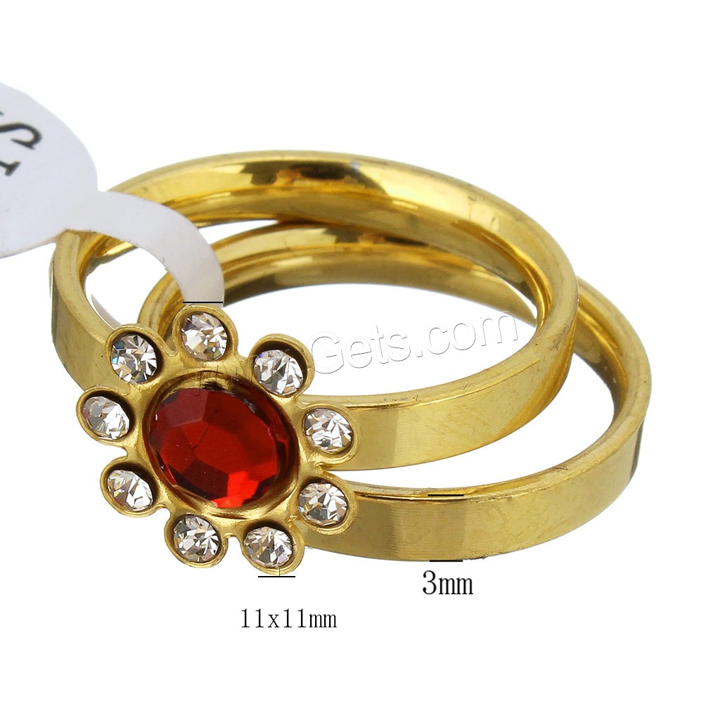 Stainless Steel Ring Set, pendant & earring, with Crystal, Flower, gold color plated, different size for choice & for woman & with rhinestone, more colors for choice, 11x11mm, 3mm, 2PCs/Set, Sold By Set