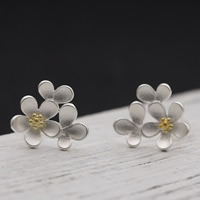 Sterling Silver Stud Earring, 925 Sterling Silver, with plastic earnut, Flower, plated, two tone 