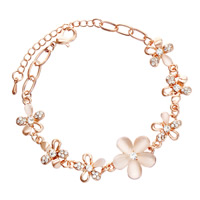 Cats Eye Bracelets, Zinc Alloy, with Cats Eye, with 5cm extender chain, Flower, rose gold color plated, with rhinestone, lead & cadmium free, 170mm Approx 6.5 Inch 