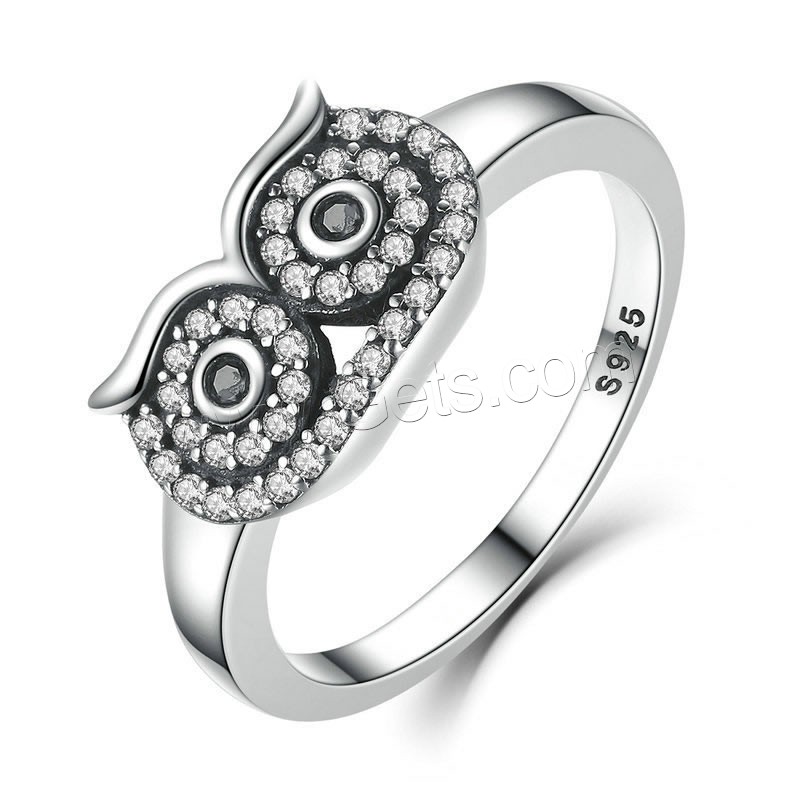 Cubic Zirconia Sterling Silver Finger Ring, Brass, Owl, silver color plated, with 925 logo & different size for choice & for woman & with cubic zirconia, 13x8x2mm, Sold By PC