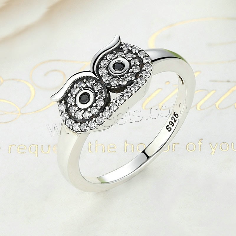 Cubic Zirconia Sterling Silver Finger Ring, Brass, Owl, silver color plated, with 925 logo & different size for choice & for woman & with cubic zirconia, 13x8x2mm, Sold By PC