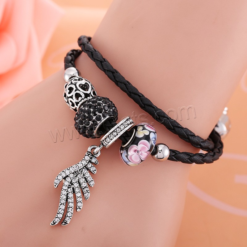 Zinc Alloy Rhinestone Bracelets, leather cord, with Rhinestone Clay Pave & Lampwork & Zinc Alloy, different length for choice & for woman & with rhinestone & 2-strand, 170-210mm, 3Strand/Bag, Sold By Bag