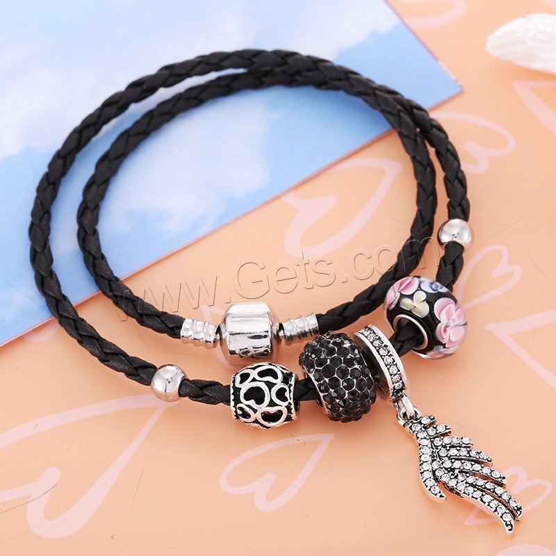 Zinc Alloy Rhinestone Bracelets, leather cord, with Rhinestone Clay Pave & Lampwork & Zinc Alloy, different length for choice & for woman & with rhinestone & 2-strand, 170-210mm, 3Strand/Bag, Sold By Bag