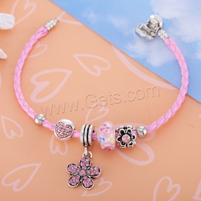 Lampwork Bracelets, leather cord, with Lampwork & Zinc Alloy, different length for choice & for woman & with rhinestone, 170-210mm, 3Strand/Bag, Sold By Bag