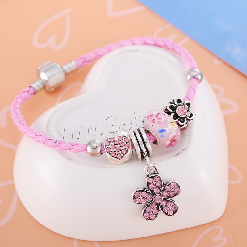 Lampwork Bracelets, leather cord, with Lampwork & Zinc Alloy, different length for choice & for woman & with rhinestone, 170-210mm, 3Strand/Bag, Sold By Bag