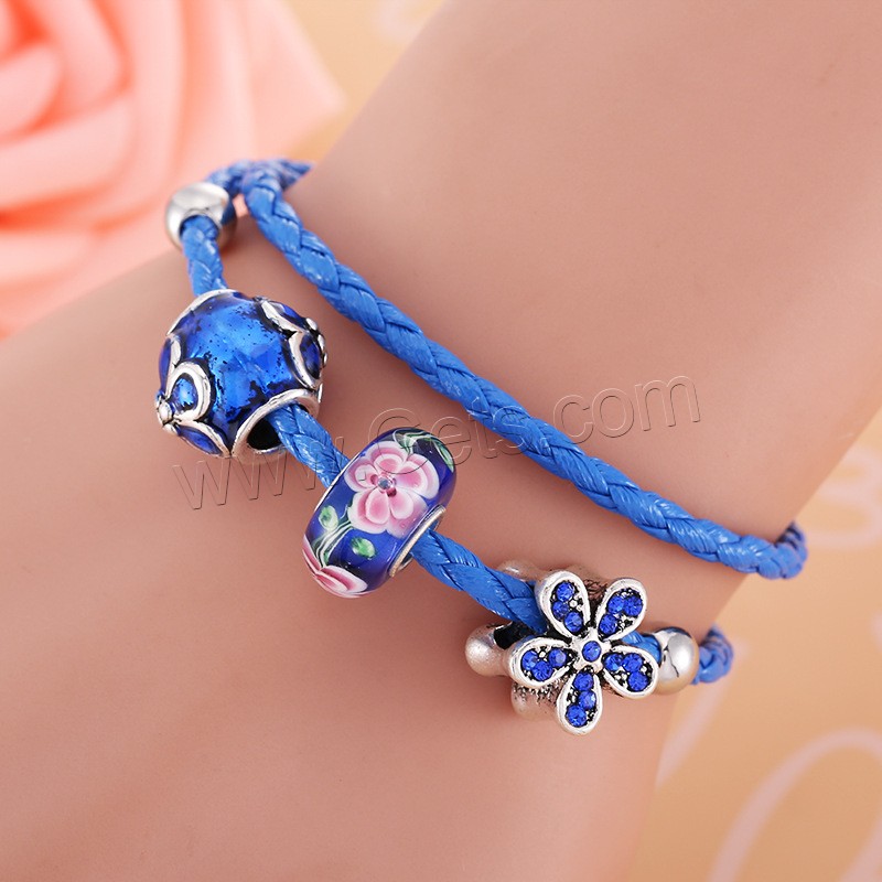 Lampwork Bracelets, leather cord, with Lampwork & Zinc Alloy, different length for choice & for woman & with rhinestone & 2-strand, more colors for choice, 170-210mm, 3Strand/Bag, Sold By Bag